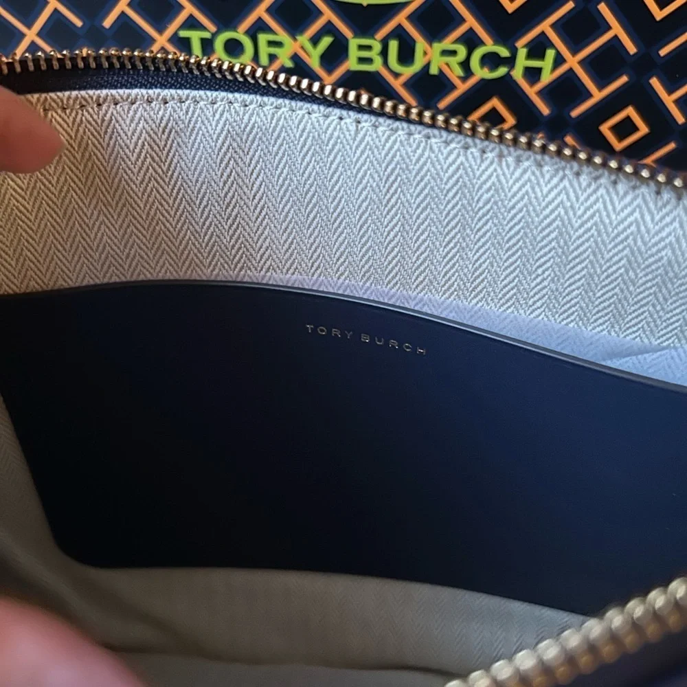 Tory Burch T Monogram Embroidered Straw Pouch Royal Navy